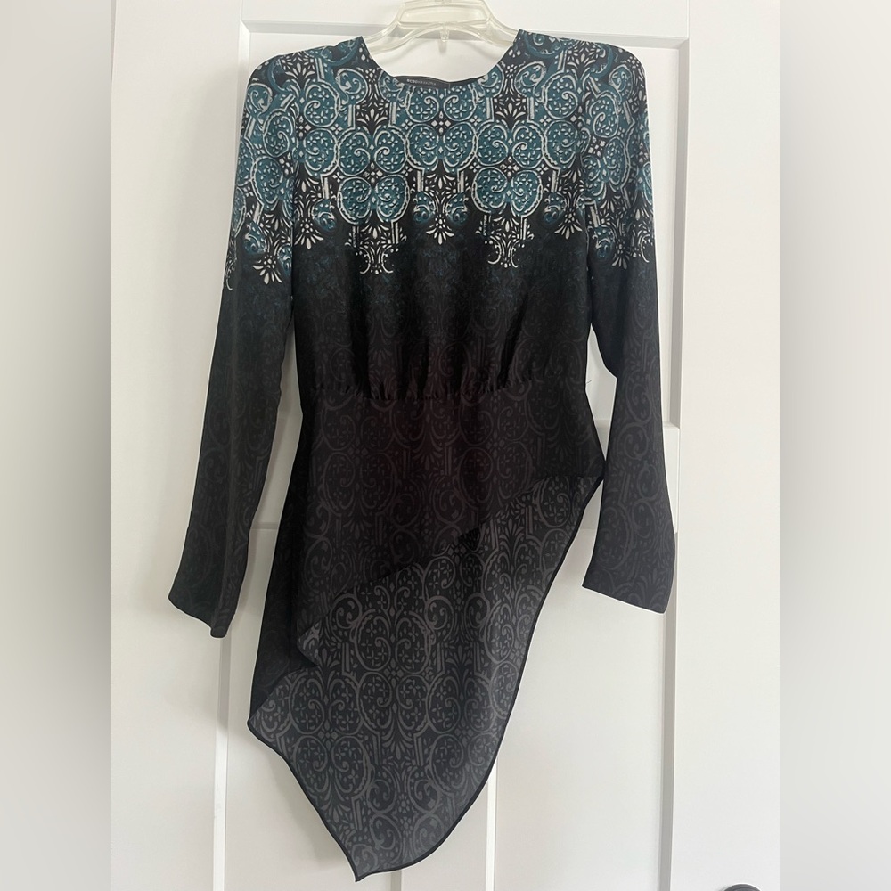 BCBGMaxAzria Asymmetrical Hem Blouse - Teal and Black Patterned